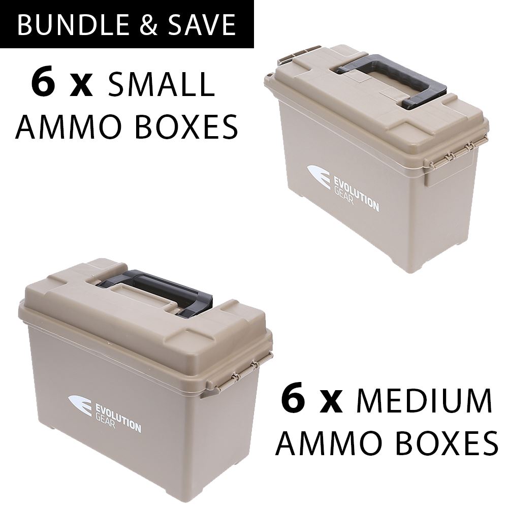 6 x Medium & 6 x Small Ammunition Case Weatherproof Ammo Box Desert tan