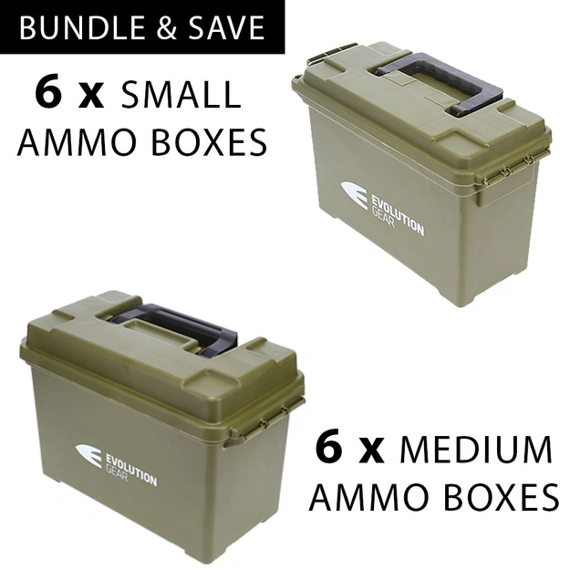 6 x Medium & 6 x Small Ammunition Case Weatherproof Ammo Box Olive Drab